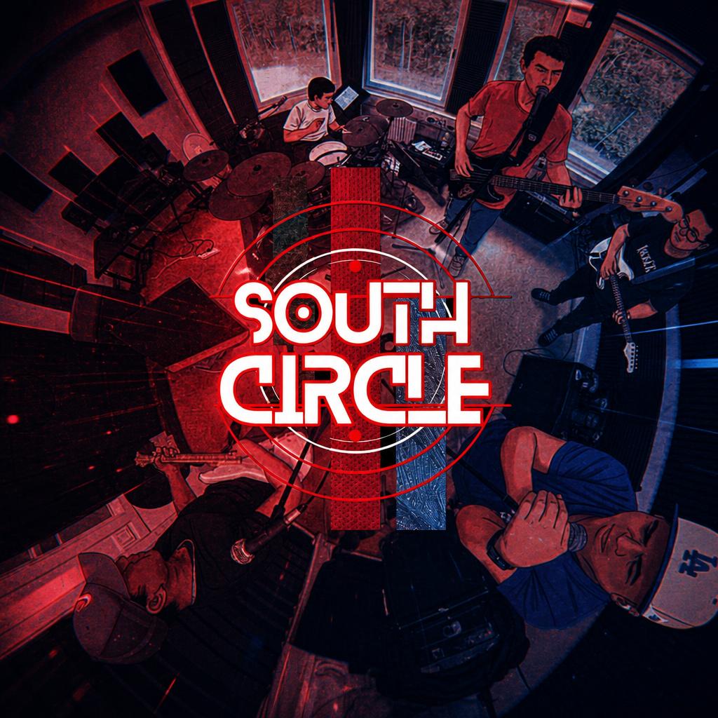 South Circle band members playing together, framed around the South Circle symbol